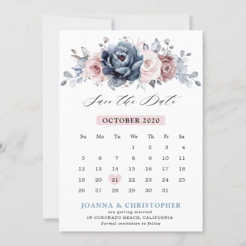 Dusty Blue Mauve Rose Pink Slate Floral Wedding  Save The Date