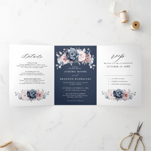 Dusty Blue Mauve Rose Pink Slate Floral Wedding  T Tri_Fold Announcement
