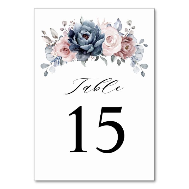 Dusty Blue Mauve Rose Pink Slate Floral Wedding  Table Number (Front)
