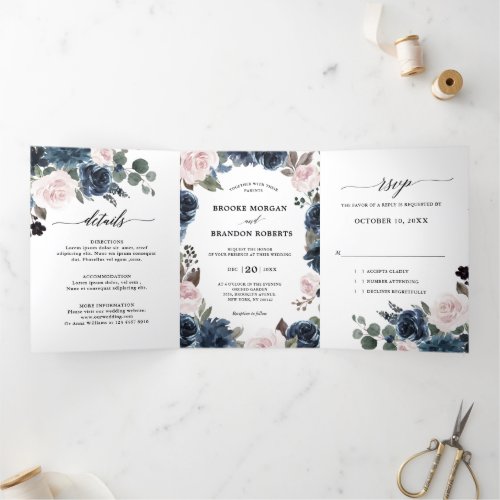 Dusty Blue Mauve Rose Pink Slate Floral Wedding  Tri_Fold Announcement