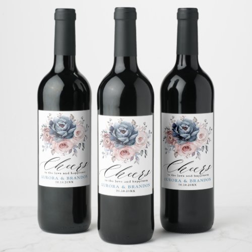 Dusty Blue Mauve Rose Pink Slate Floral Wedding  Wine Label