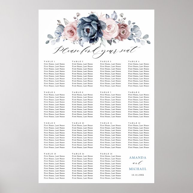 Dusty Blue Mauve Rose Pink Slate  Seating Chart    (Front)