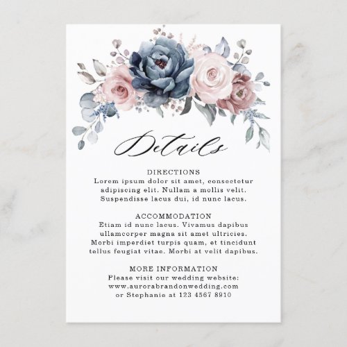 Dusty Blue Mauve Rose Pink Slate Wedding Details Enclosure Card