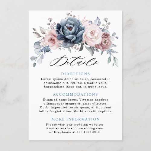 Dusty Blue Mauve Rose Pink Slate Wedding Details Enclosure Card