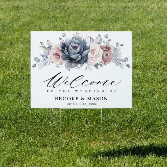 Dusty Blue Mauve Rose Pink Slate Wedding Welcome   Sign (Insitu)