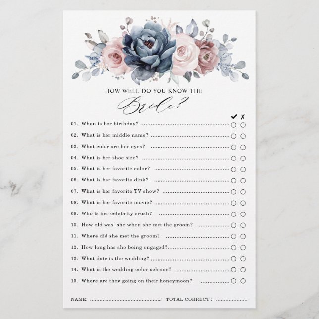 Dusty Blue Mauve Rose Slate Bridal Shower Game (Front)