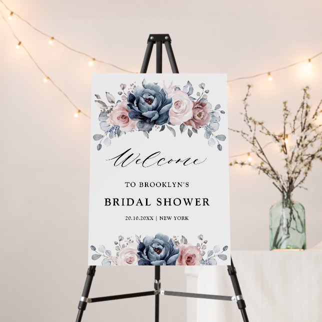 Dusty Blue Mauve Rose Slate Bridal Shower Welcome Foam Board (In Situ (Stand))