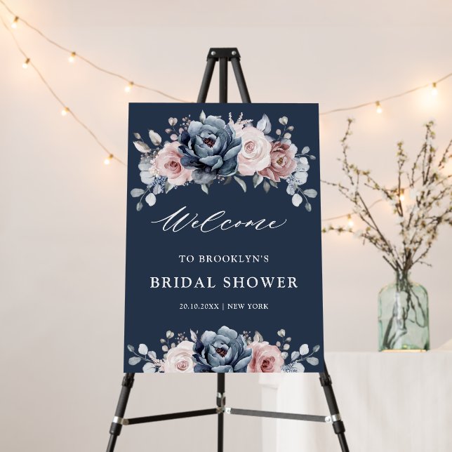 Dusty Blue Mauve Rose Slate Bridal Shower Welcome  Foam Board (In Situ (Stand))
