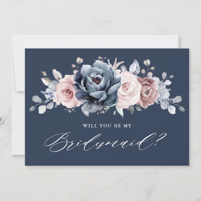 Dusty Blue Mauve Rose Slate Bridesmaids Proposal I Invitation (Front)