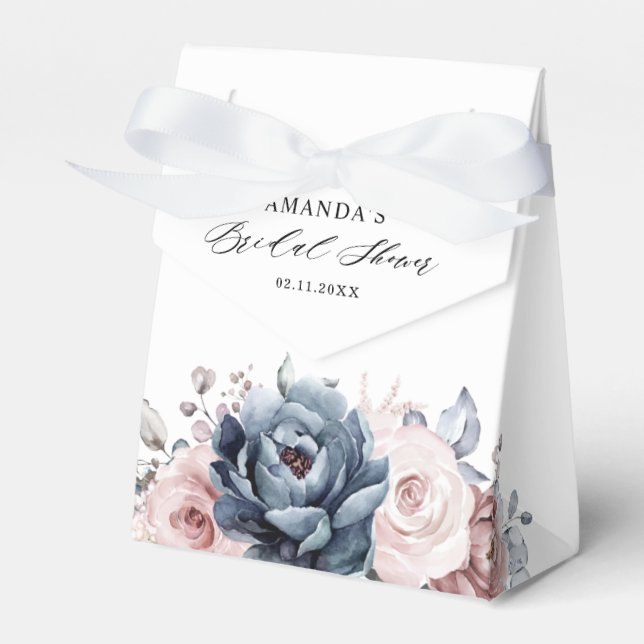 Dusty Blue Mauve Rose Slate Floral Bridal Shower Favor Boxes (Front Side)