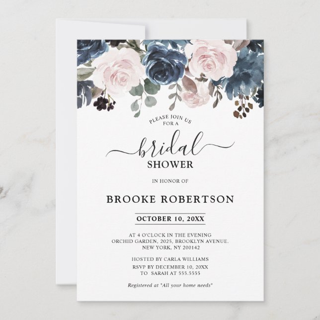 Dusty Blue Mauve Rose Slate Floral Bridal Shower Invitation (Front)