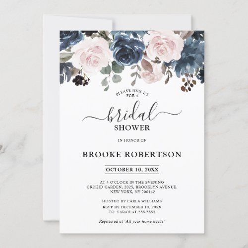 Dusty Blue Mauve Rose Slate Floral Bridal Shower Invitation