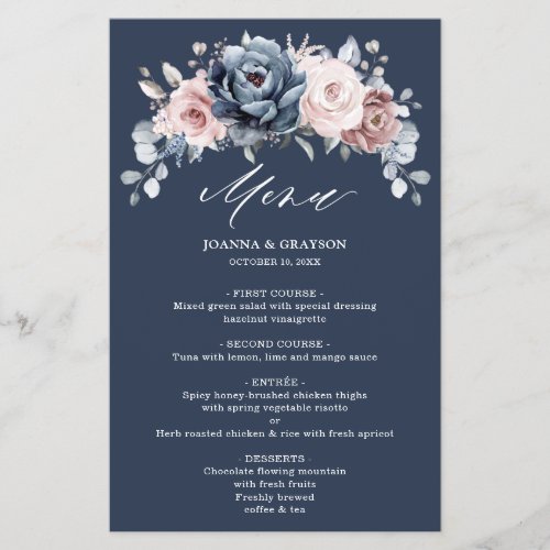 Dusty Blue Mauve Rose Slate Floral Wedding Menu