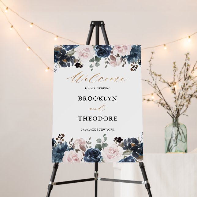 Dusty Blue Mauve Rose Slate Floral Wedding Welcome Foam Board (In Situ (Stand))