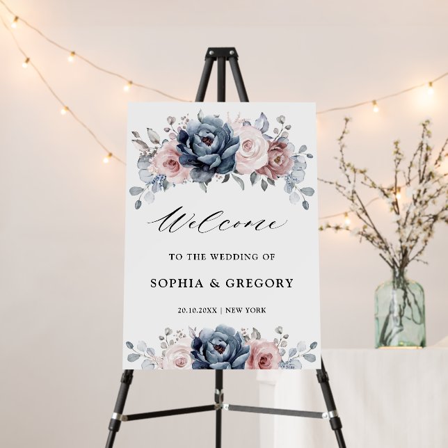 Dusty Blue Mauve Rose Slate Pink Wedding Welcome Foam Board (In Situ (Stand))