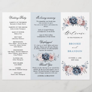 Dusty Blue Mauve Rose Wedding Tri-Fold Program