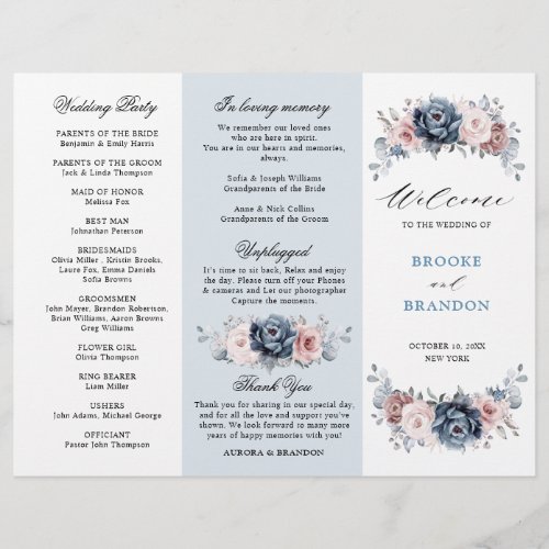 Dusty Blue Mauve Rose  Wedding Tri_Fold Program 