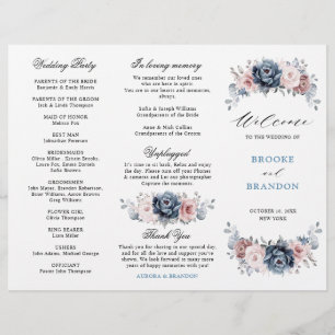 Dusty Blue Mauve Rose Wedding Tri-Fold Program