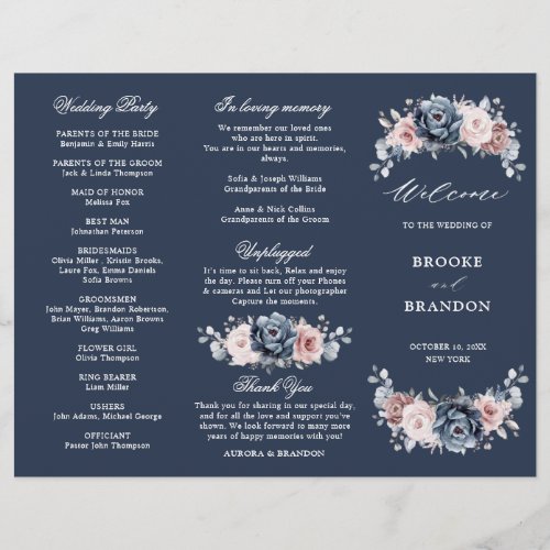 Dusty Blue Mauve Rose  Wedding Tri_Fold Program 