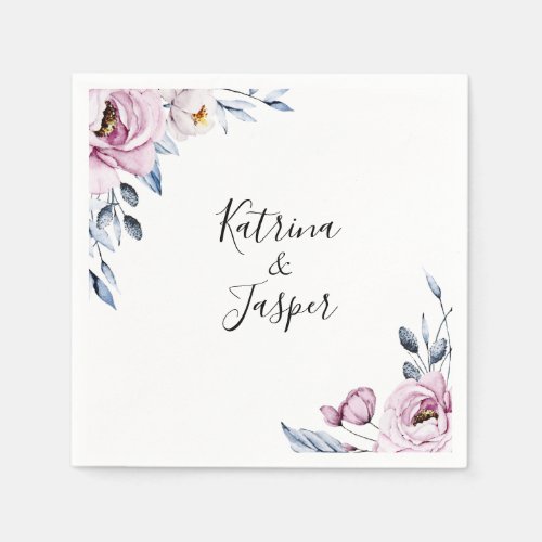 Dusty Blue Mauve Watercolor Floral Wedding Napkins