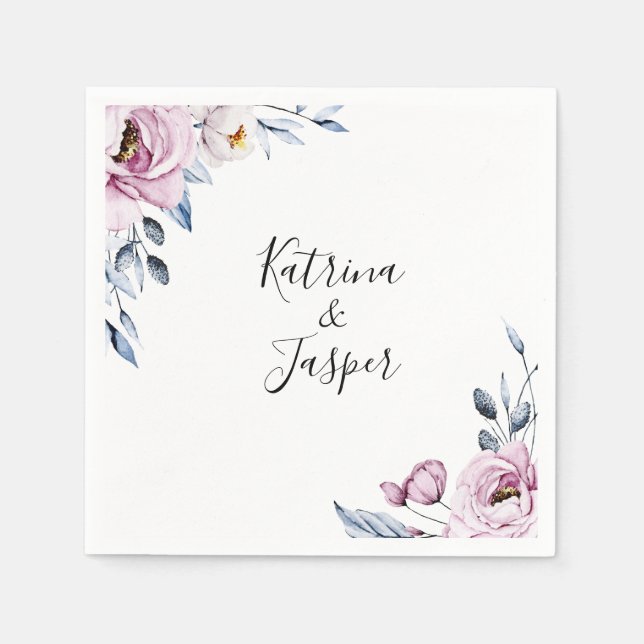 Dusty Blue Mauve Watercolor Floral Wedding Napkins (Front)