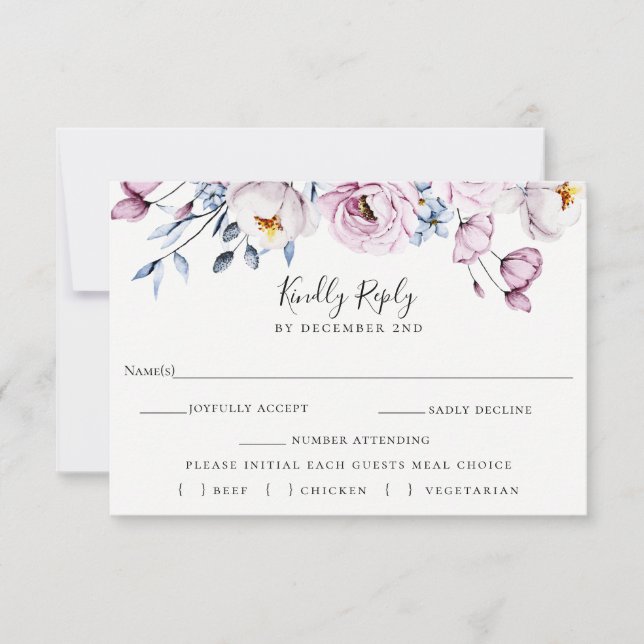 Dusty Blue Mauve Wedding RSVP Meal Choice Card (Front)