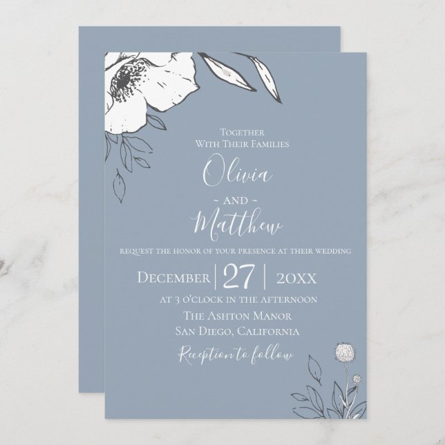 Dusty Blue Meadow Flowers Wedding Invitation (Front/Back)