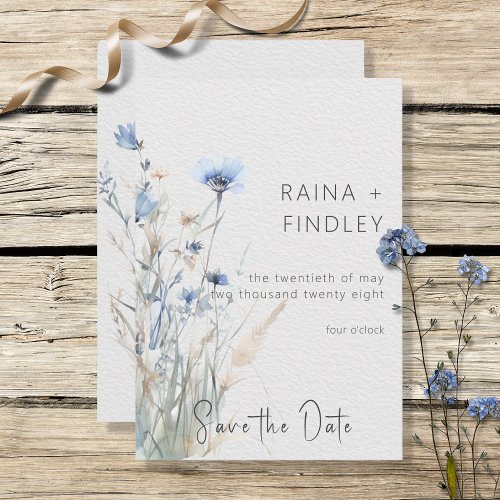 Dusty Blue Meadow Wildflowers Modern Wedding Save The Date