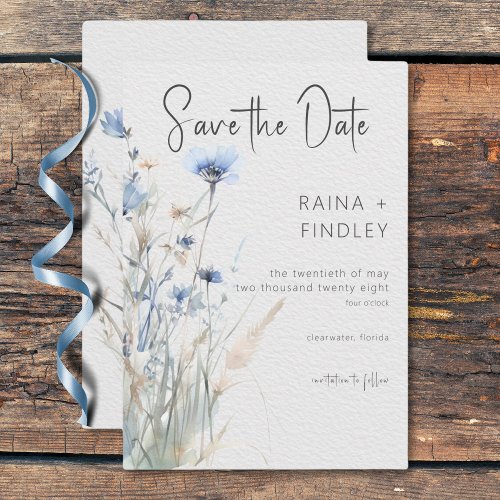 Dusty Blue Meadow Wildflowers Modern Wedding Save The Date