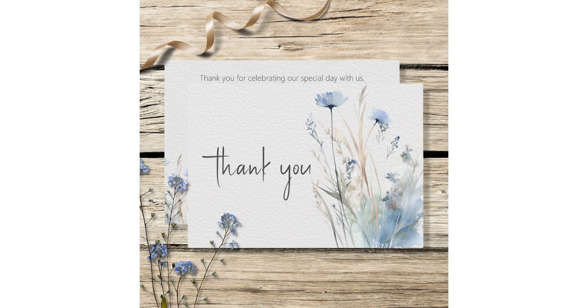 Dusty Blue Meadow Wildflowers Modern Wedding Thank You Card | Zazzle