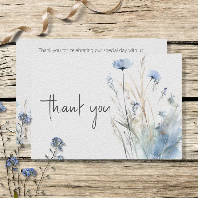 Dusty Blue Meadow Wildflowers Modern Wedding Thank You Card | Zazzle