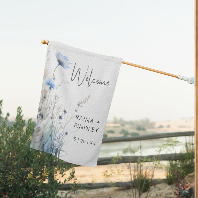 Dusty Blue Meadow Wildflowers Wedding House Flag (Insitu (Back))