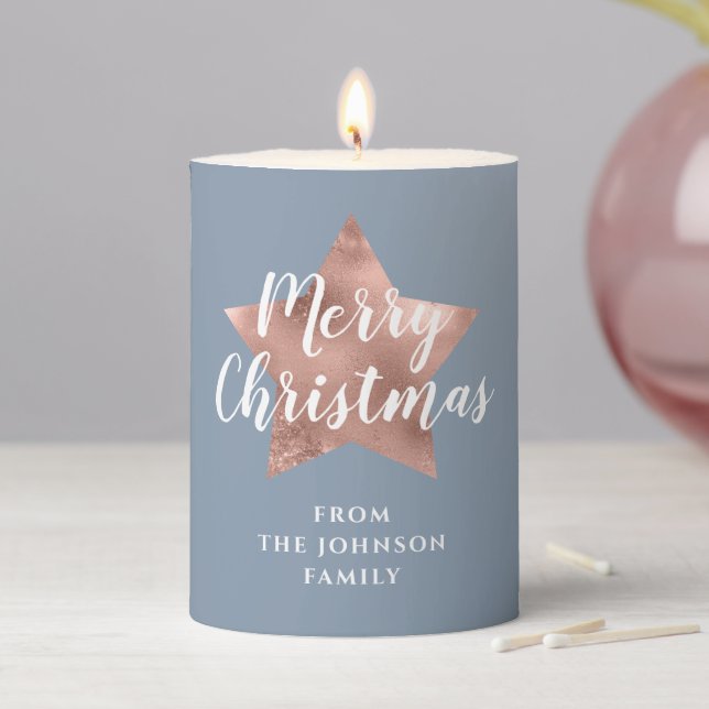 Dusty Blue Merry Christmas Pillar Candle (In Situ)