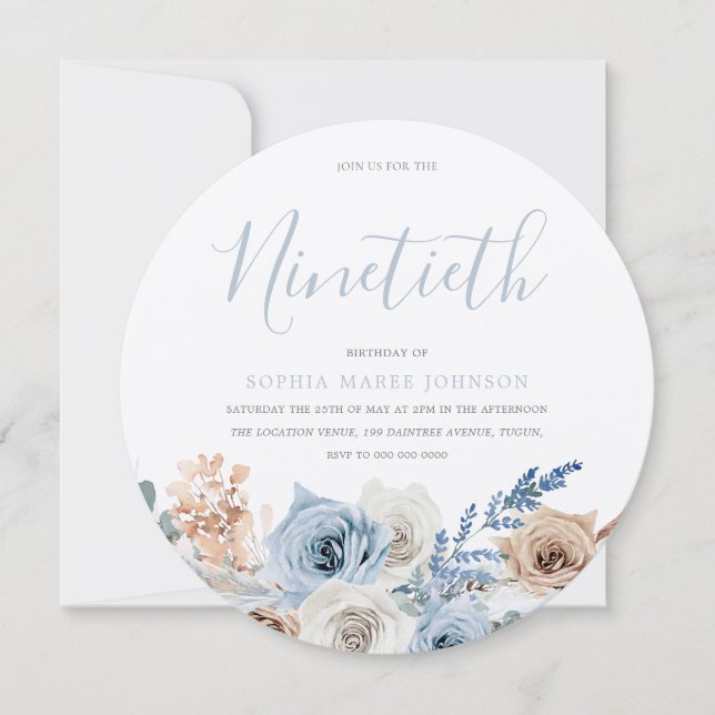 Dusty Blue Metallic Silver Boho 90th Birthday Invitation (Front)