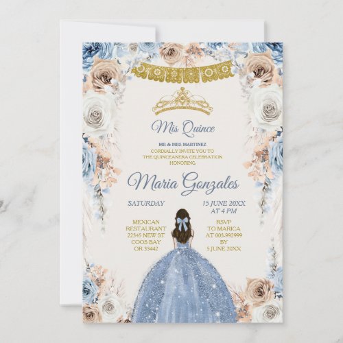 Dusty Blue Mexcian Girl Floral Sweet 16th Birthday Invitation