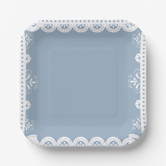 Dusty Blue mexican boy baby shower  papel picado Paper Plates (Front)