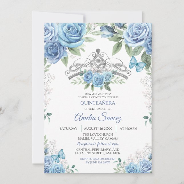 Dusty Blue Mexican Girl Mis XV Anos Invitation (Front)