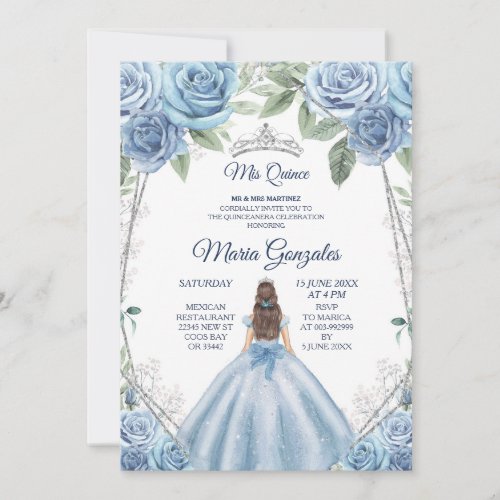 Dusty Blue Mexican Girl Princess Quinceanera Invitation