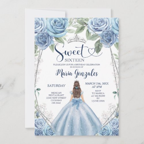 Dusty Blue Mexican Girl Princess Sweet Sixteen Invitation