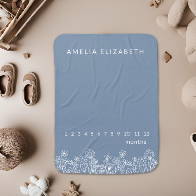 Dusty Blue Milestone Wildflower Baby Floral  Baby Blanket (Creator Uploaded)