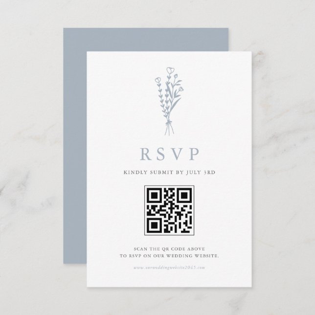 Dusty Blue Minimailist Bouquet QR Code Wedding RSVP Card (Front/Back)