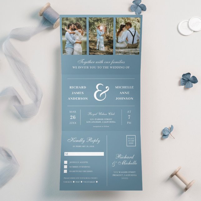 Dusty Blue Minimal 3 in 1 Photo Collage Wedding Tri-Fold Invitation (Creator Uploaded)
