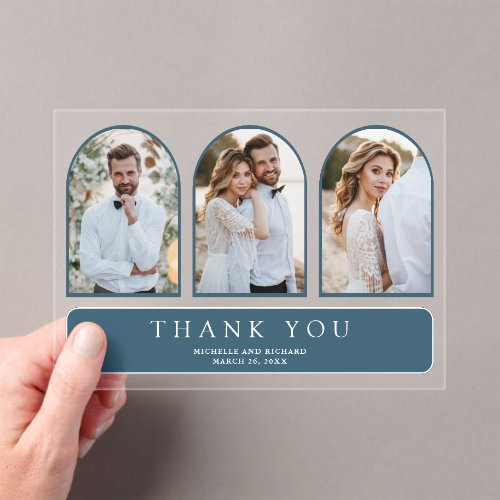 Dusty Blue Minimal Arch 3 Photo Wedding Thank You Acrylic Invitations