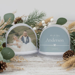 Dusty Blue   Minimal Bow Newlyweds Wedding Photo Snow Globe