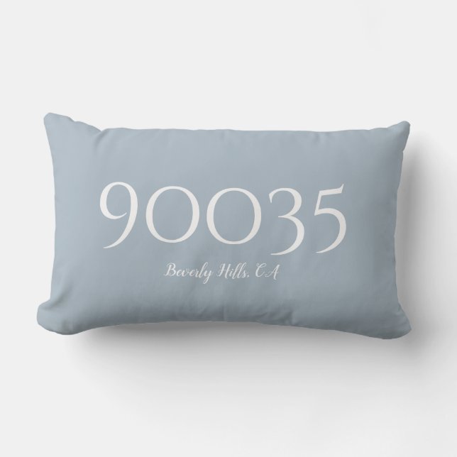 Dusty Blue Minimal City State Zip Code Location Lumbar Pillow (Front)