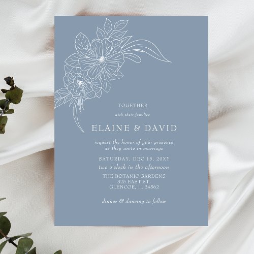Dusty Blue Minimal Elegant Floral Sketch Wedding Invitation