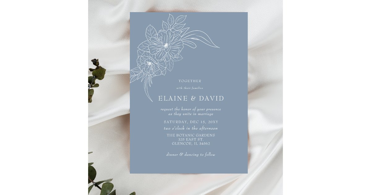 Dusty Blue Minimal Elegant Floral Sketch Wedding Invitation | Zazzle