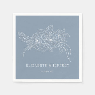 Dusty Blue Minimal Elegant Floral Sketch Wedding Napkins