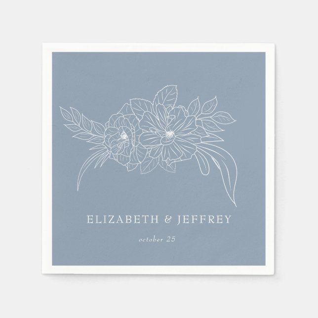 Dusty Blue Minimal Elegant Floral Sketch Wedding Napkins (Front)