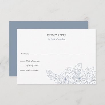 Dusty Blue Minimal Elegant Floral Sketch Wedding RSVP Card